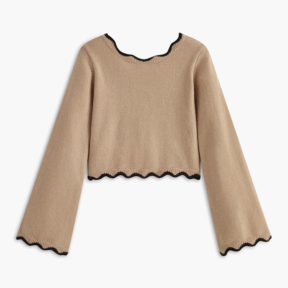 Commense Knit Contrast Wave Trim Bow Sweater Size Medium Tan and Black - Picture 3 of 12